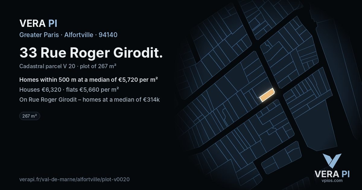 33 Rue Roger Girodit, Alfortville at night – the plot lit, the parcels around coloured by the prices near them