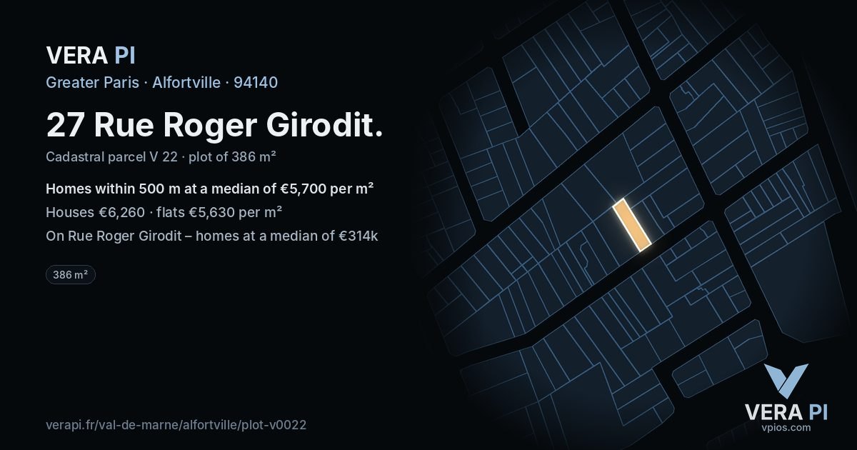 27 Rue Roger Girodit, Alfortville at night – the plot lit, the parcels around coloured by the prices near them