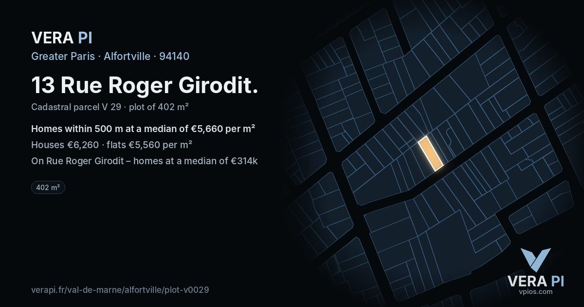 13 Rue Roger Girodit, Alfortville at night – the plot lit, the parcels around coloured by the prices near them