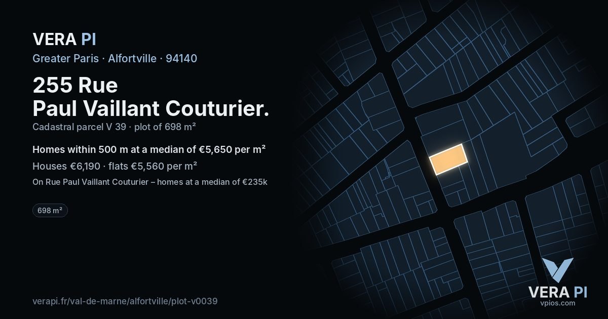 255 Rue Paul Vaillant Couturier, Alfortville at night – the plot lit, the parcels around coloured by the prices near them