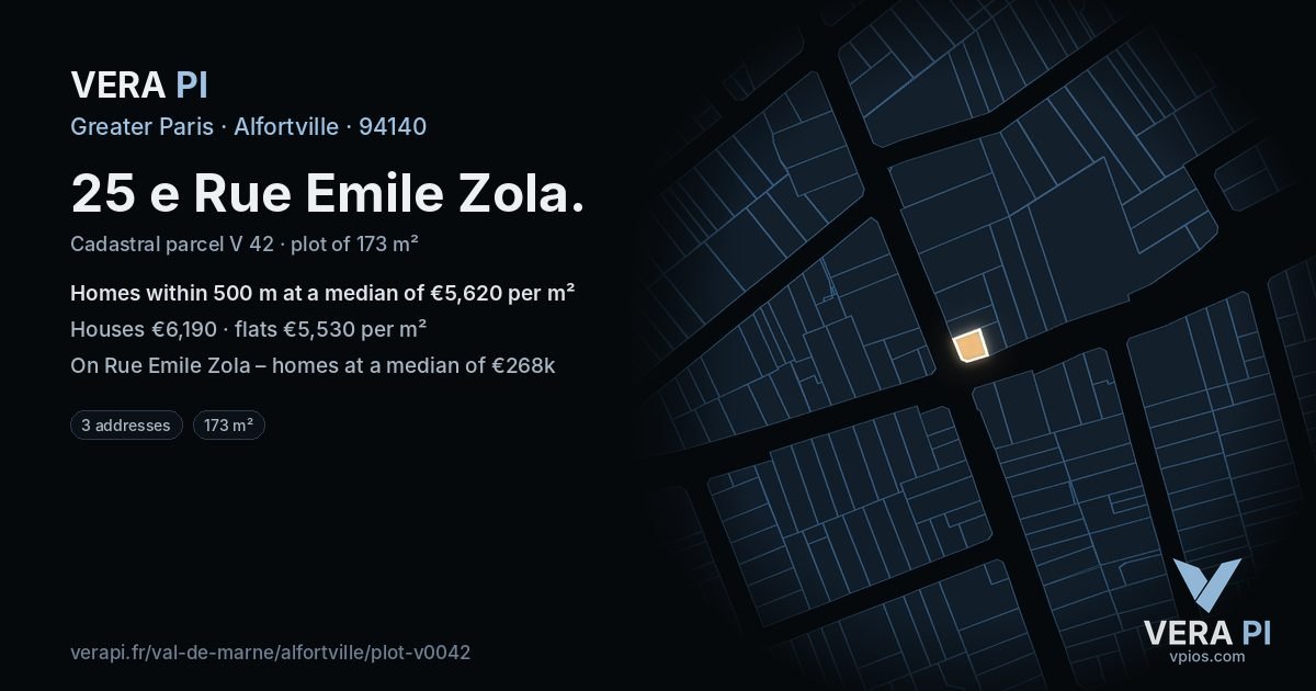 25 e Rue Emile Zola, Alfortville at night – the plot lit, the parcels around coloured by the prices near them