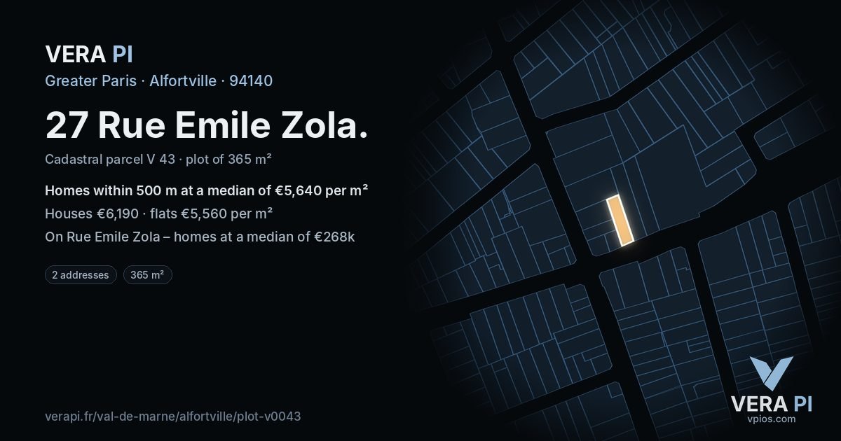 27 Rue Emile Zola, Alfortville at night – the plot lit, the parcels around coloured by the prices near them