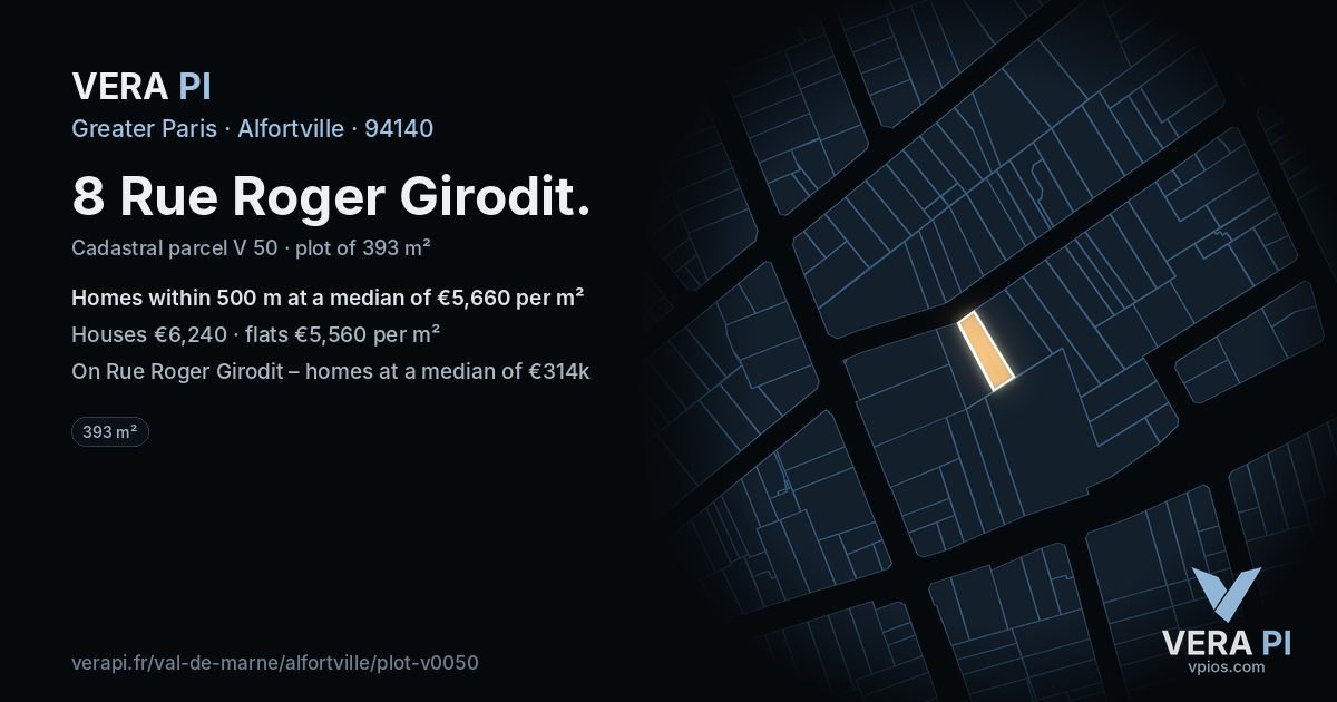 8 Rue Roger Girodit, Alfortville at night – the plot lit, the parcels around coloured by the prices near them