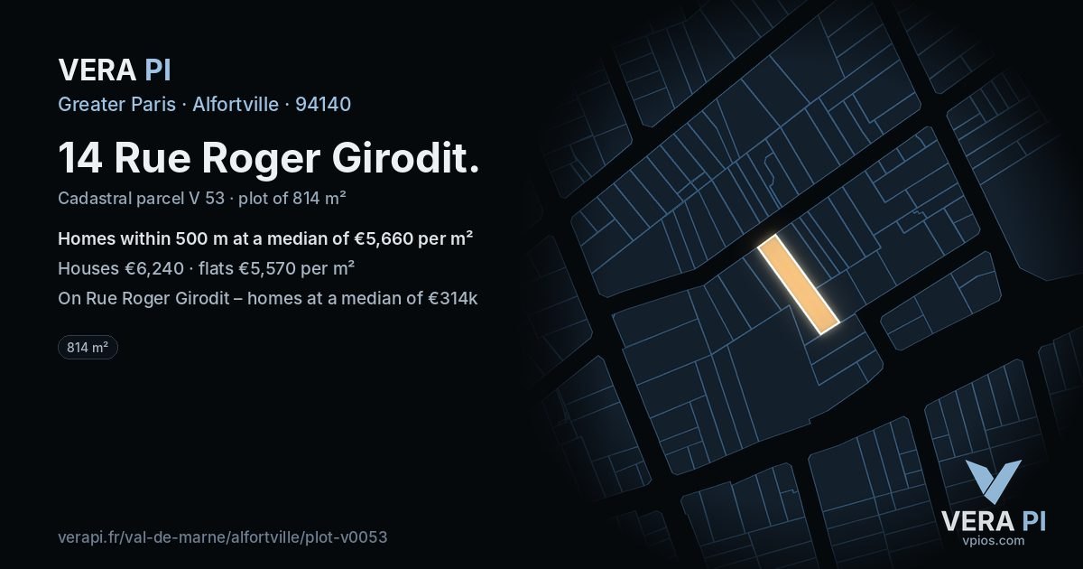 14 Rue Roger Girodit, Alfortville at night – the plot lit, the parcels around coloured by the prices near them