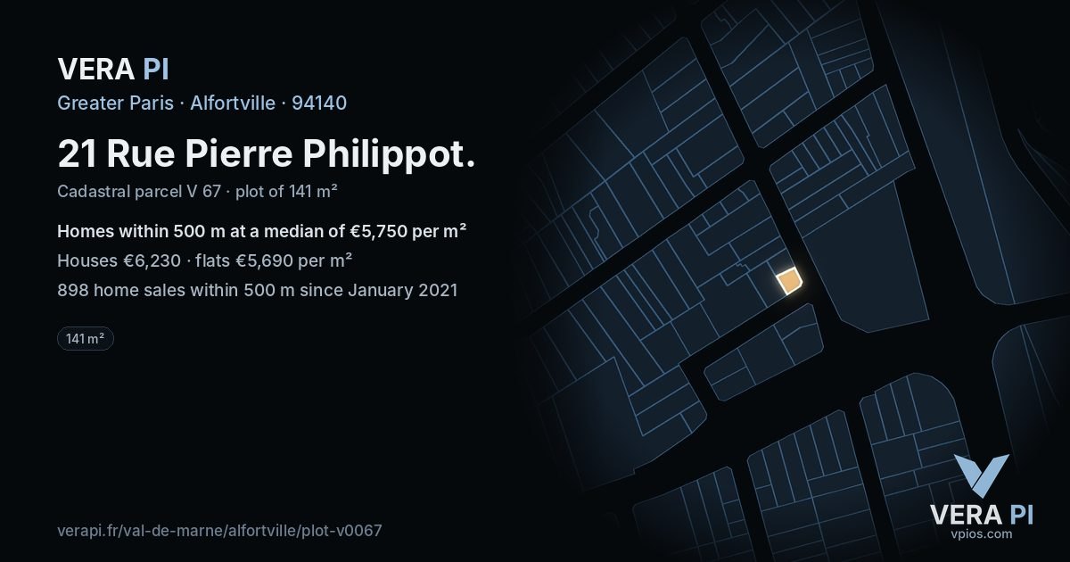21 Rue Pierre Philippot, Alfortville at night – the plot lit, the parcels around coloured by the prices near them