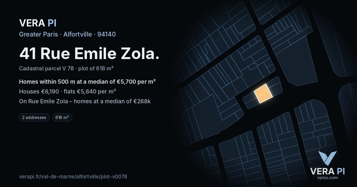 41 Rue Emile Zola, Alfortville at night – the plot lit, the parcels around coloured by the prices near them
