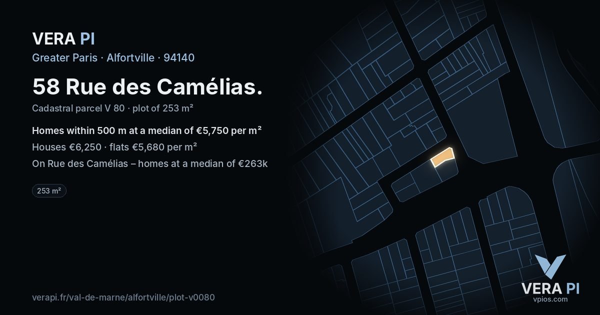 58 Rue des Camélias, Alfortville at night – the plot lit, the parcels around coloured by the prices near them
