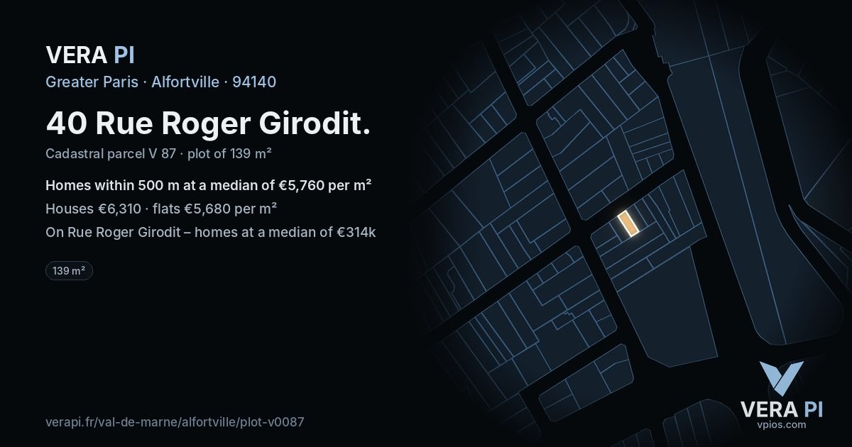 40 Rue Roger Girodit, Alfortville at night – the plot lit, the parcels around coloured by the prices near them