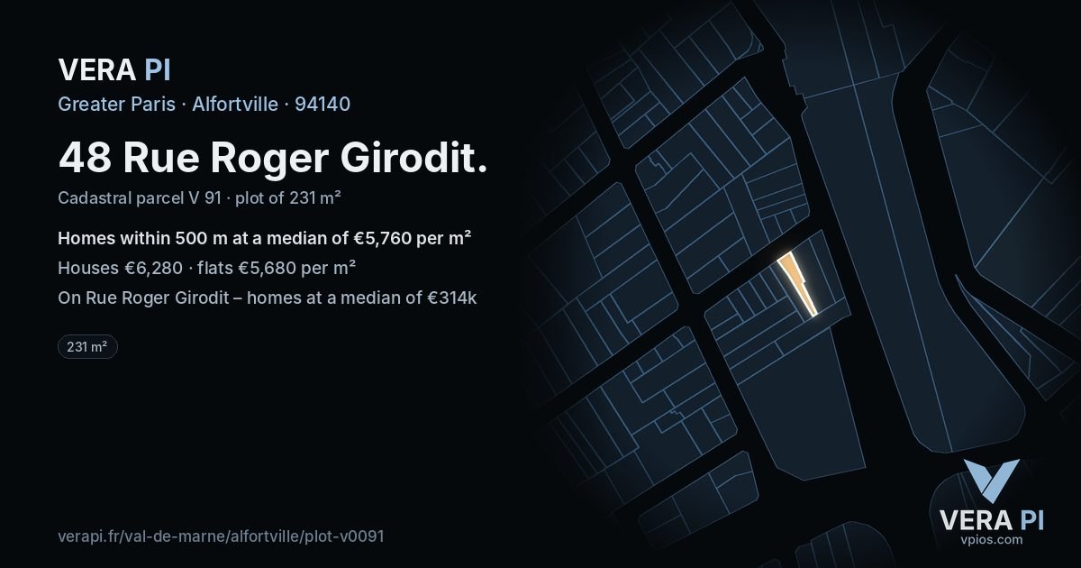 48 Rue Roger Girodit, Alfortville at night – the plot lit, the parcels around coloured by the prices near them