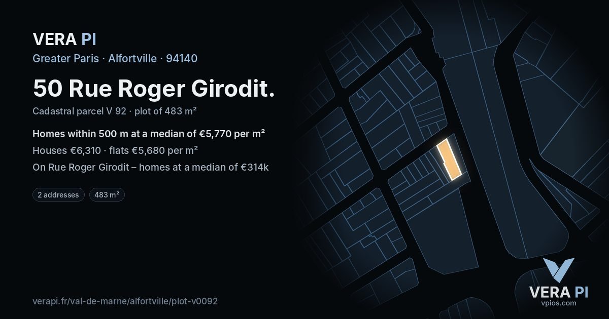 50 Rue Roger Girodit, Alfortville at night – the plot lit, the parcels around coloured by the prices near them