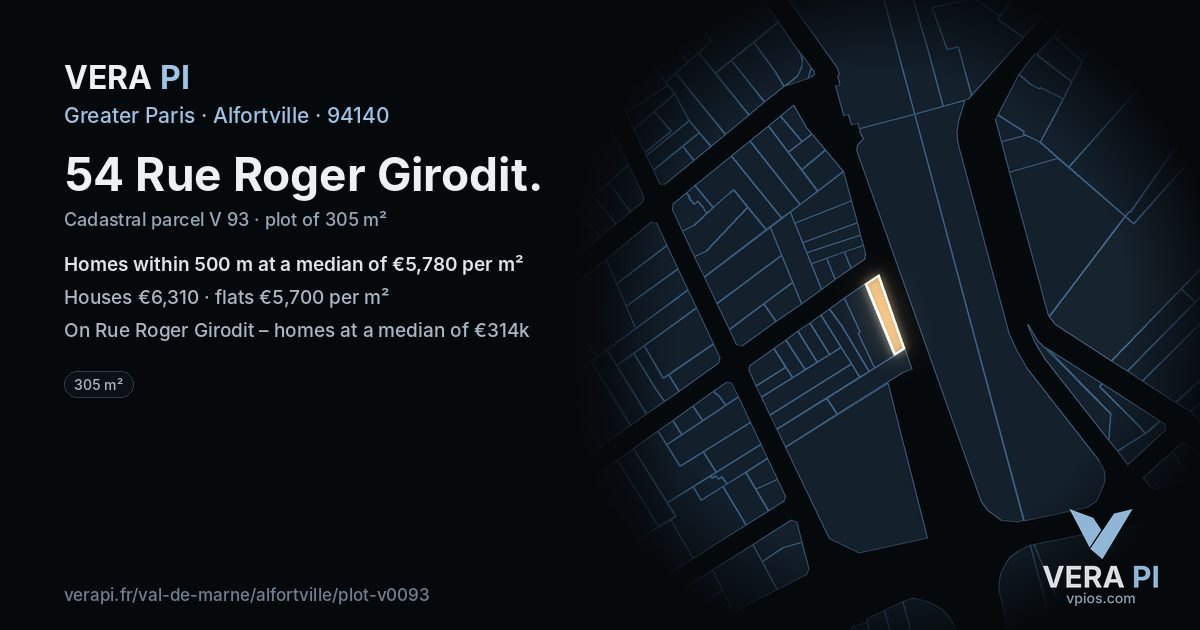 54 Rue Roger Girodit, Alfortville at night – the plot lit, the parcels around coloured by the prices near them