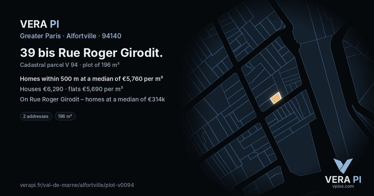 39 bis Rue Roger Girodit, Alfortville at night – the plot lit, the parcels around coloured by the prices near them