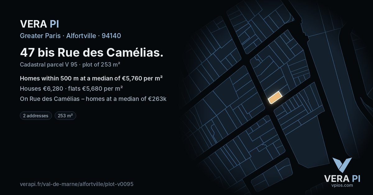 47 bis Rue des Camélias, Alfortville at night – the plot lit, the parcels around coloured by the prices near them