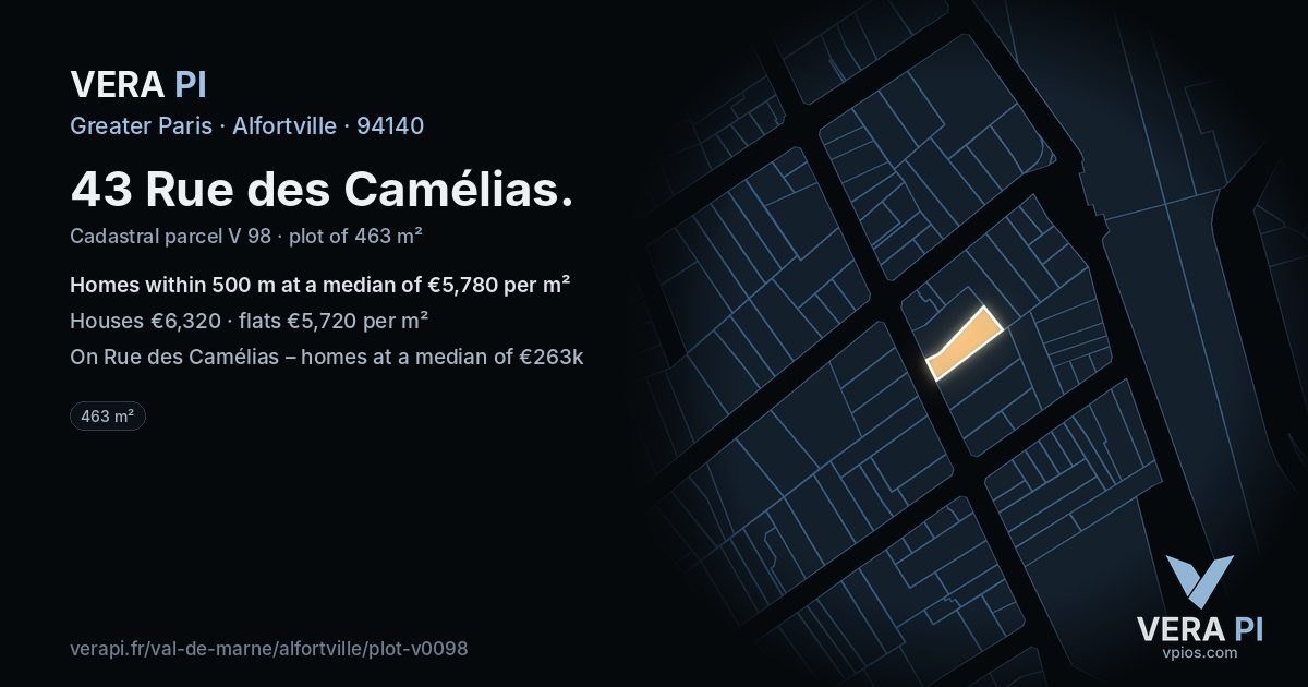 43 Rue des Camélias, Alfortville at night – the plot lit, the parcels around coloured by the prices near them