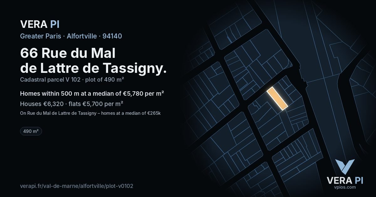 66 Rue du Mal de Lattre de Tassigny, Alfortville at night – the plot lit, the parcels around coloured by the prices near them