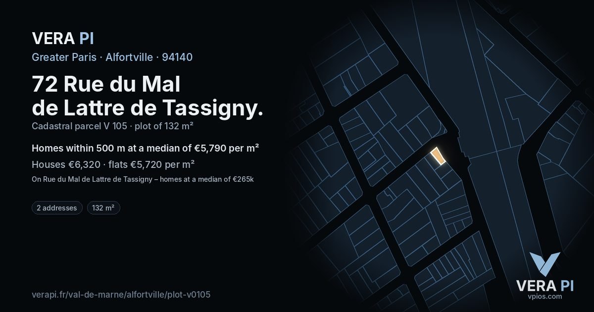 72 Rue du Mal de Lattre de Tassigny, Alfortville at night – the plot lit, the parcels around coloured by the prices near them