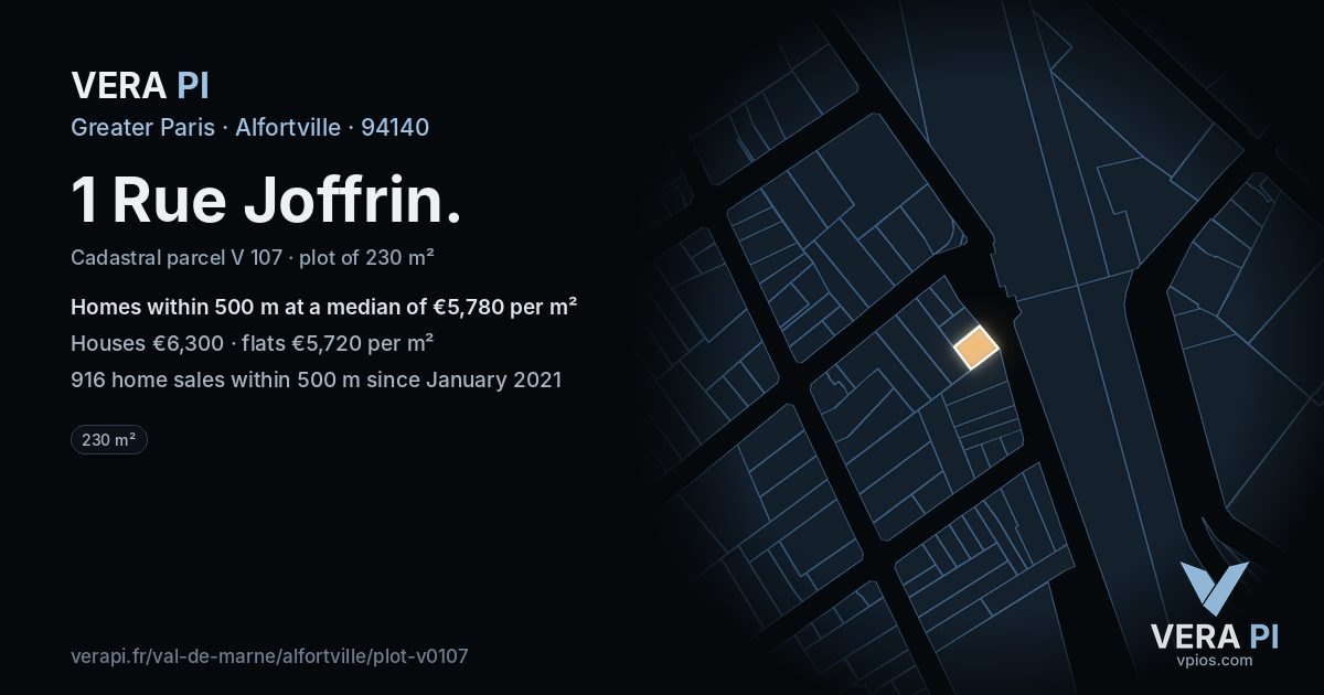 1 Rue Joffrin, Alfortville at night – the plot lit, the parcels around coloured by the prices near them