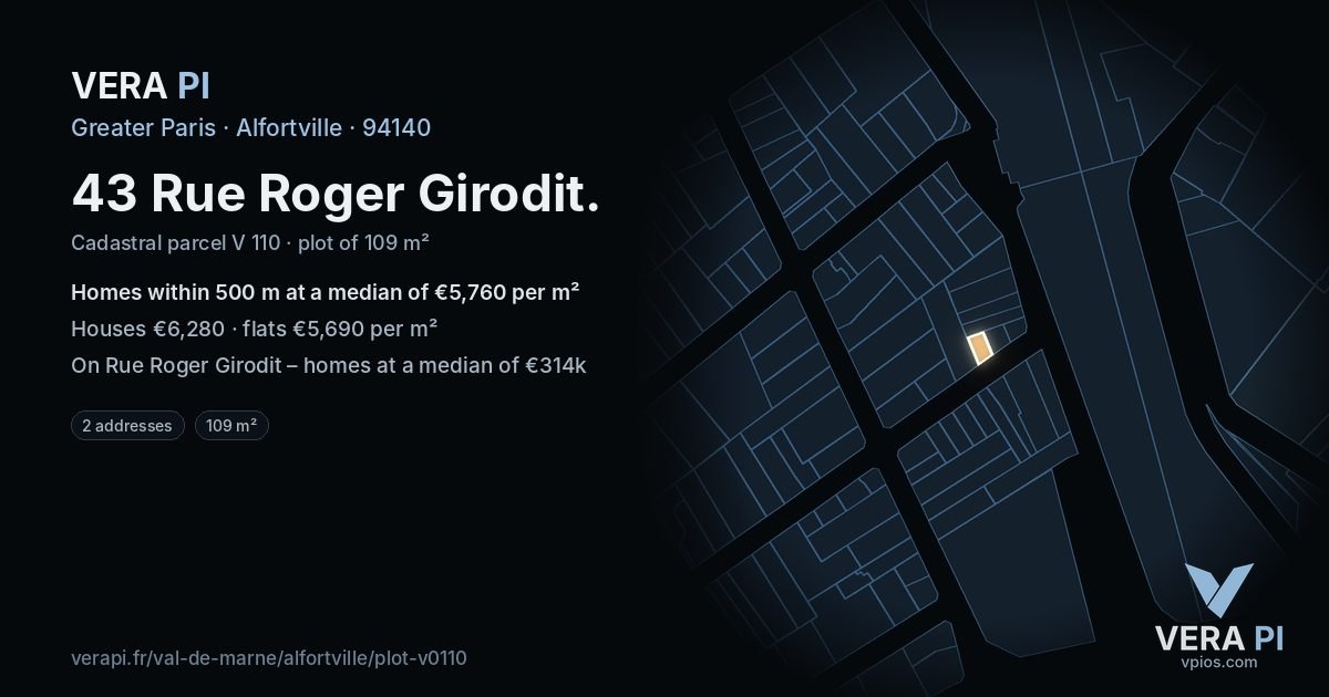 43 Rue Roger Girodit, Alfortville at night – the plot lit, the parcels around coloured by the prices near them