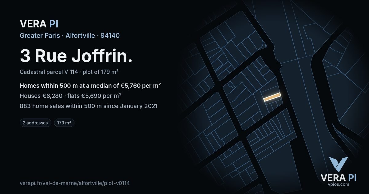 3 Rue Joffrin, Alfortville at night – the plot lit, the parcels around coloured by the prices near them