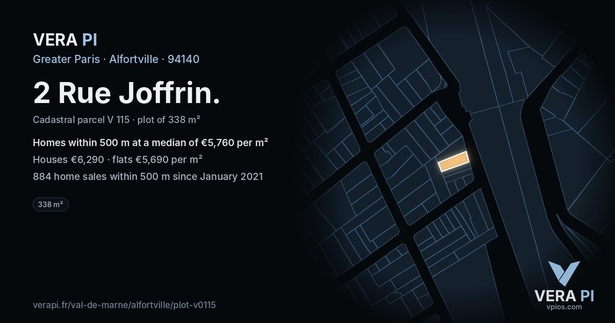 2 Rue Joffrin, Alfortville at night – the plot lit, the parcels around coloured by the prices near them