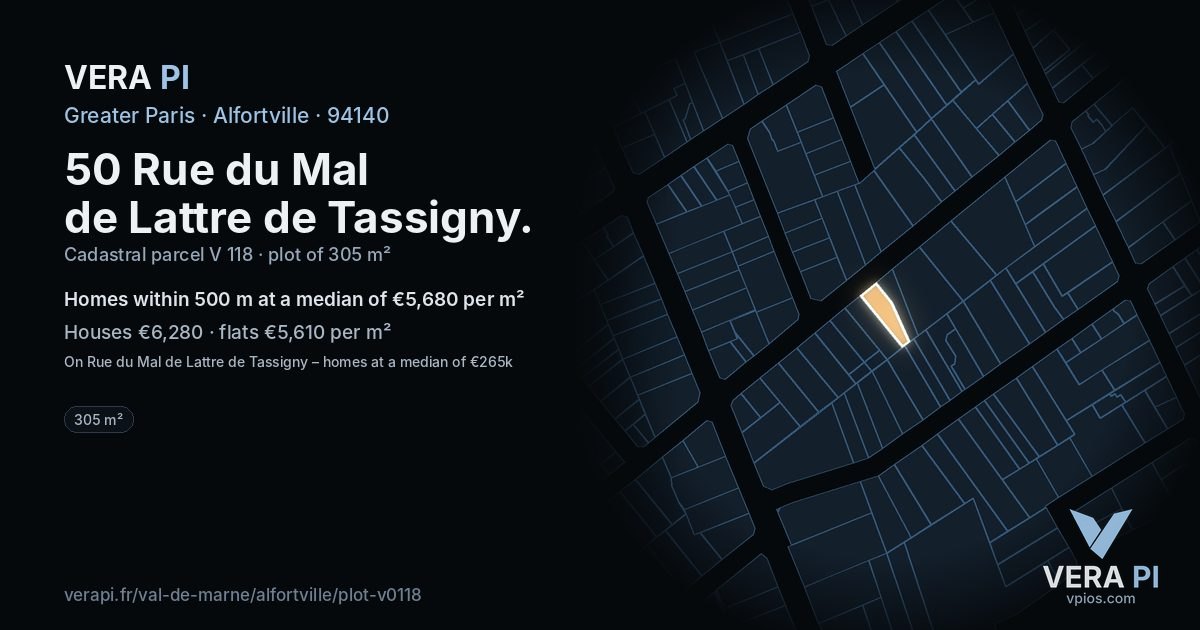 50 Rue du Mal de Lattre de Tassigny, Alfortville at night – the plot lit, the parcels around coloured by the prices near them