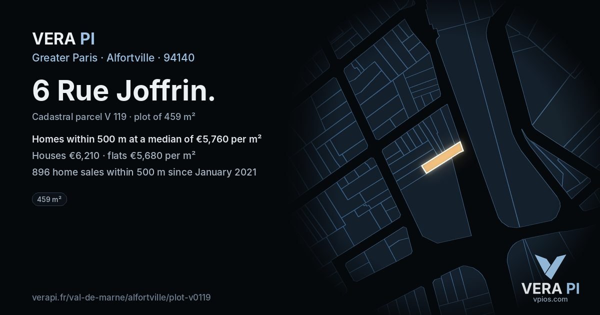 6 Rue Joffrin, Alfortville at night – the plot lit, the parcels around coloured by the prices near them