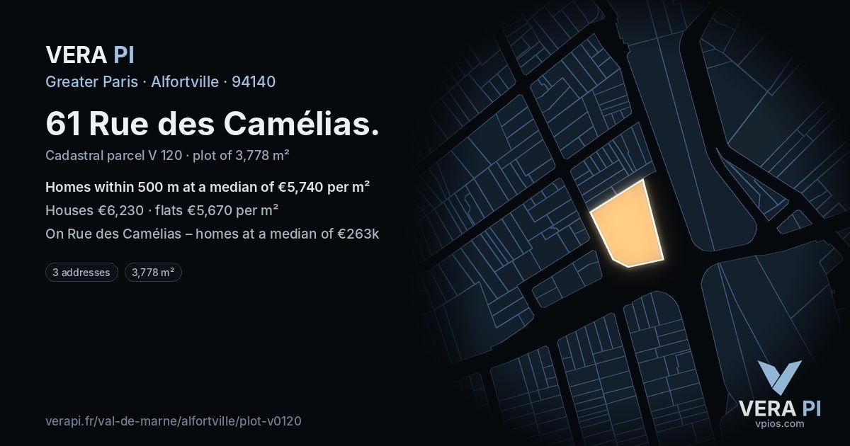 61 Rue des Camélias, Alfortville at night – the plot lit, the parcels around coloured by the prices near them