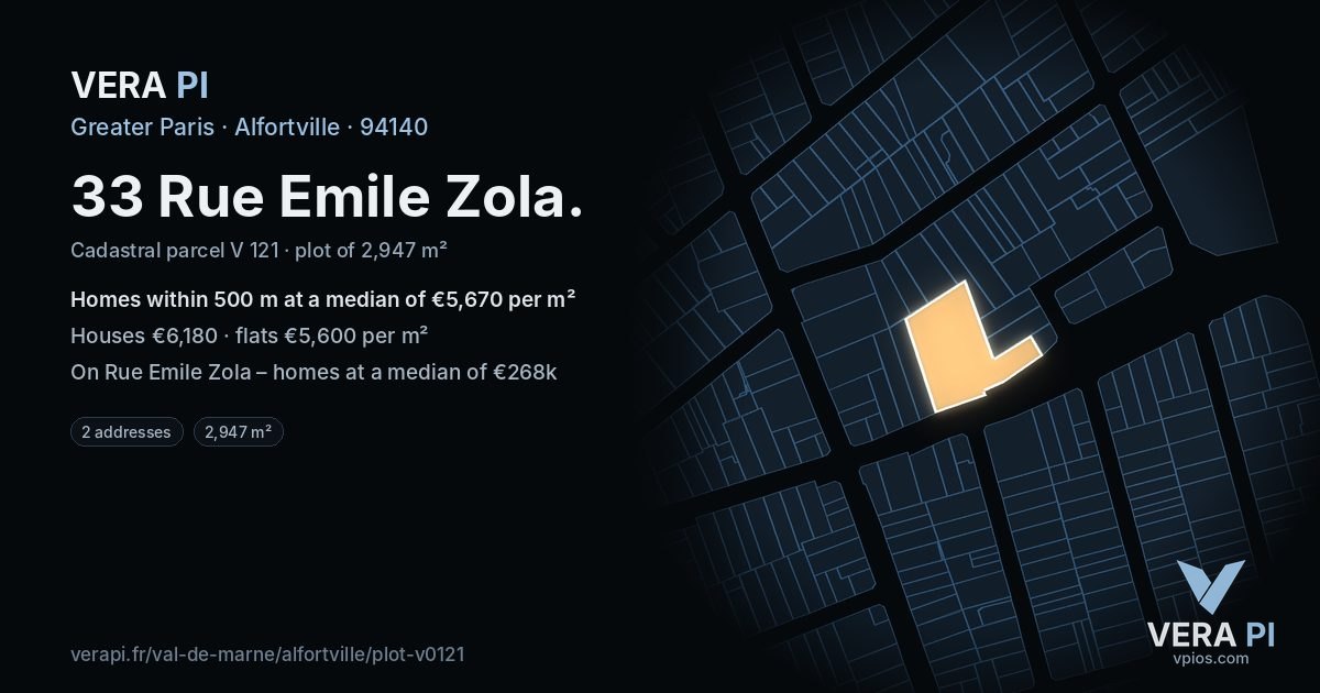 33 Rue Emile Zola, Alfortville at night – the plot lit, the parcels around coloured by the prices near them