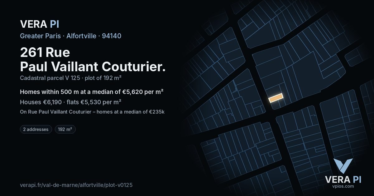 261 Rue Paul Vaillant Couturier, Alfortville at night – the plot lit, the parcels around coloured by the prices near them