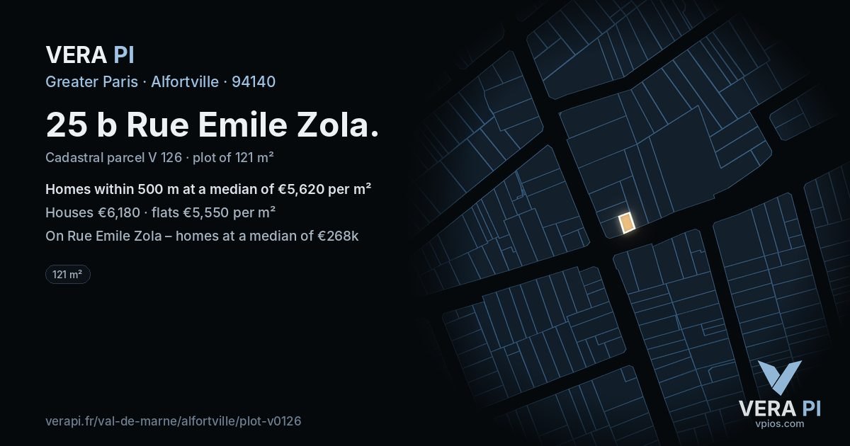25 b Rue Emile Zola, Alfortville at night – the plot lit, the parcels around coloured by the prices near them