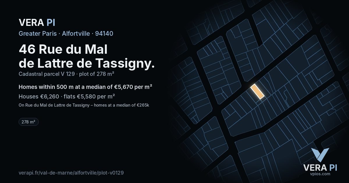 46 Rue du Mal de Lattre de Tassigny, Alfortville at night – the plot lit, the parcels around coloured by the prices near them