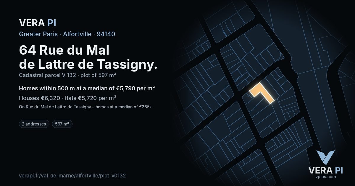 64 Rue du Mal de Lattre de Tassigny, Alfortville at night – the plot lit, the parcels around coloured by the prices near them