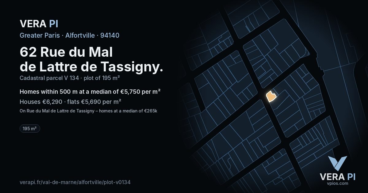 62 Rue du Mal de Lattre de Tassigny, Alfortville at night – the plot lit, the parcels around coloured by the prices near them