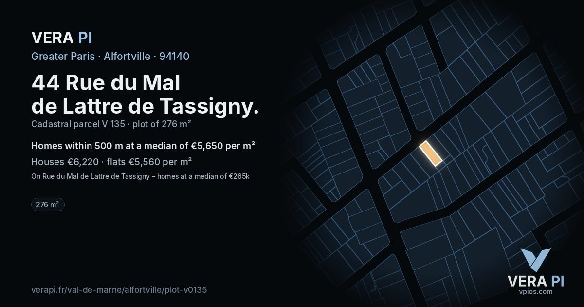 44 Rue du Mal de Lattre de Tassigny, Alfortville at night – the plot lit, the parcels around coloured by the prices near them
