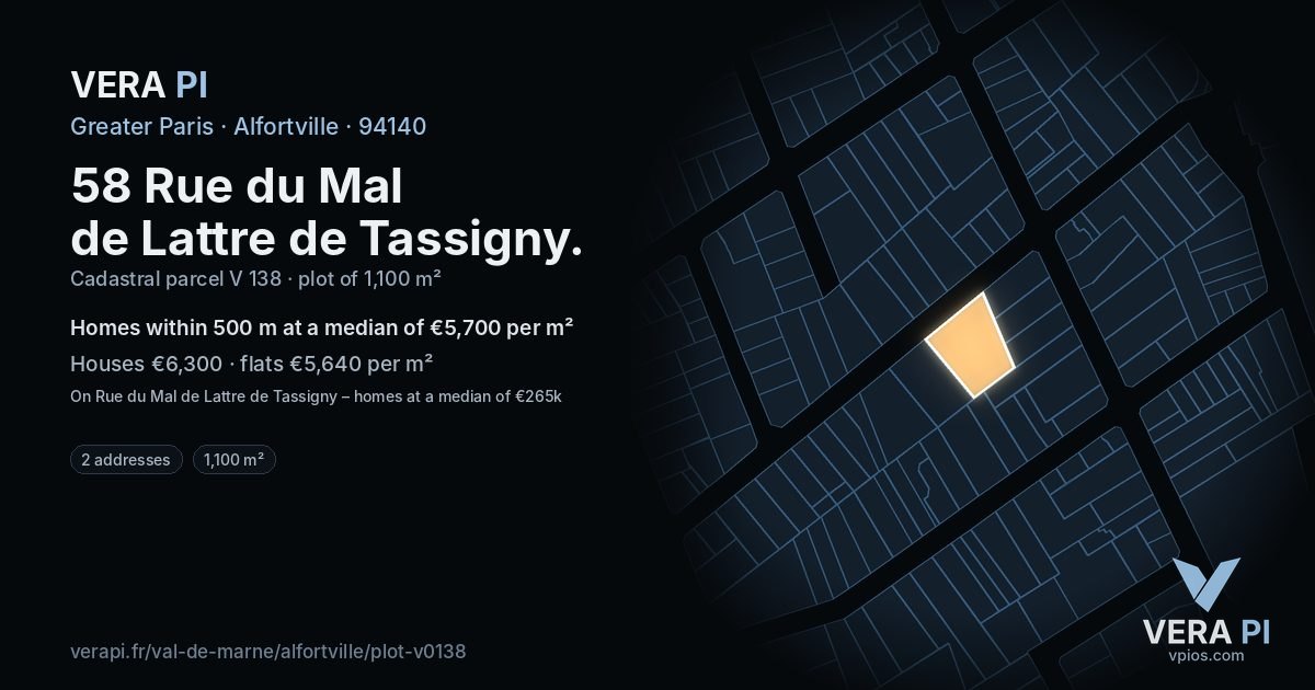 58 Rue du Mal de Lattre de Tassigny, Alfortville at night – the plot lit, the parcels around coloured by the prices near them