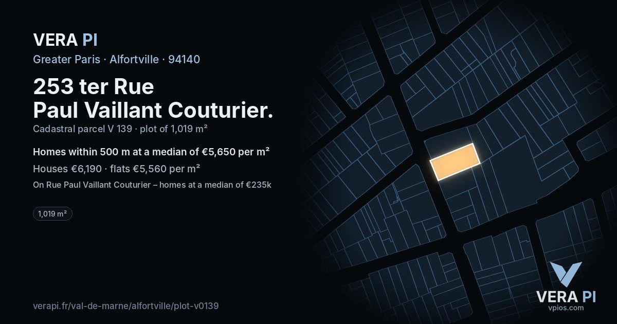 253 ter Rue Paul Vaillant Couturier, Alfortville at night – the plot lit, the parcels around coloured by the prices near them