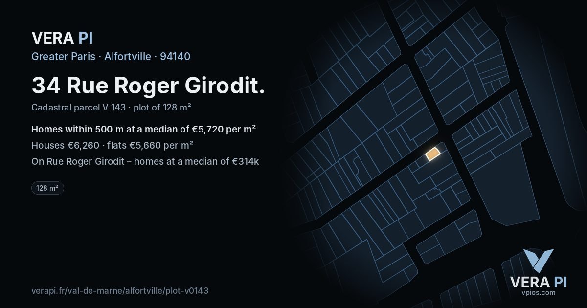 34 Rue Roger Girodit, Alfortville at night – the plot lit, the parcels around coloured by the prices near them