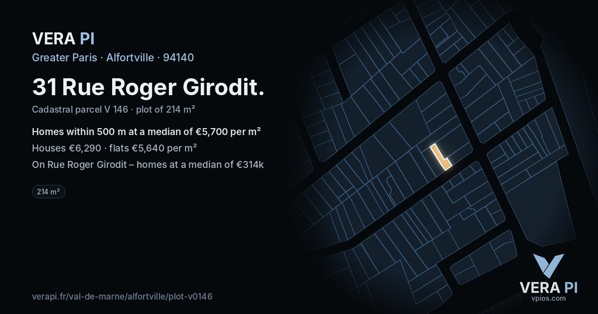 31 Rue Roger Girodit, Alfortville at night – the plot lit, the parcels around coloured by the prices near them