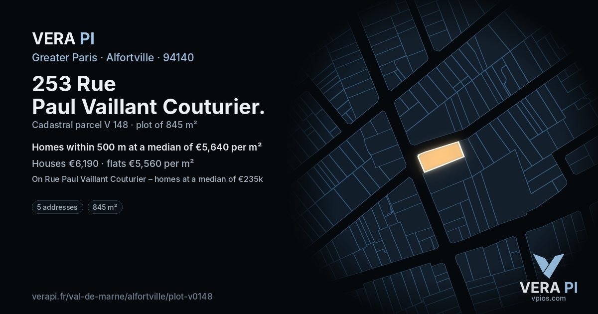 253 Rue Paul Vaillant Couturier, Alfortville at night – the plot lit, the parcels around coloured by the prices near them