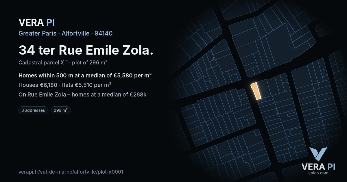 34 ter Rue Emile Zola, Alfortville at night – the plot lit, the parcels around coloured by the prices near them