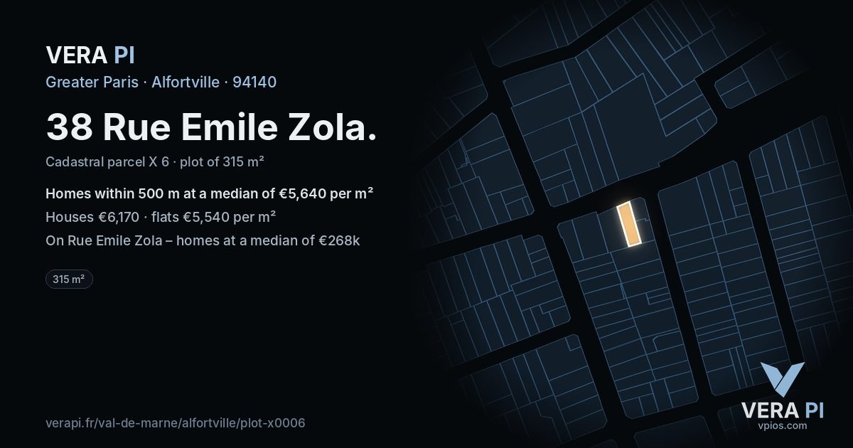 38 Rue Emile Zola, Alfortville at night – the plot lit, the parcels around coloured by the prices near them