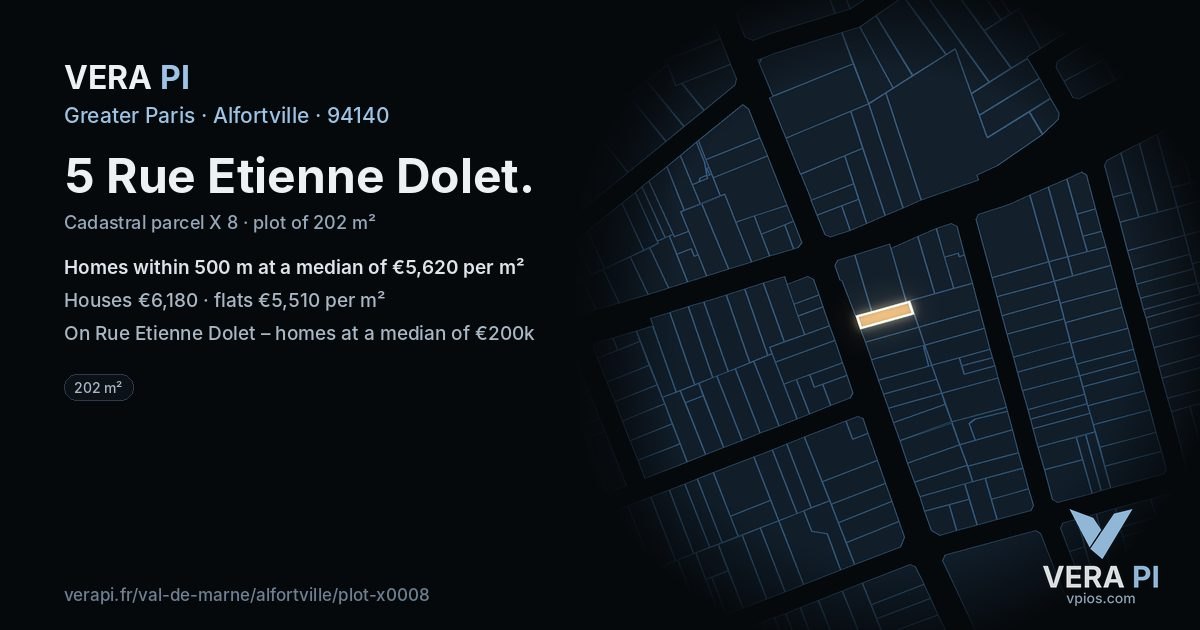 5 Rue Etienne Dolet, Alfortville at night – the plot lit, the parcels around coloured by the prices near them