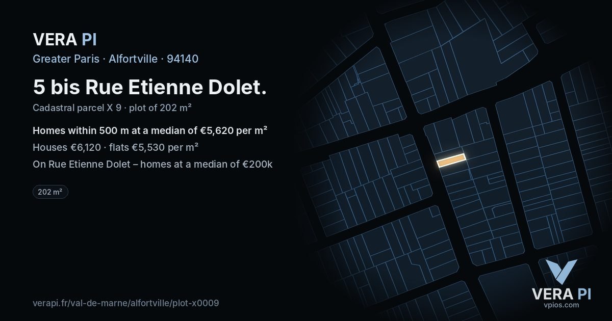 5 bis Rue Etienne Dolet, Alfortville at night – the plot lit, the parcels around coloured by the prices near them