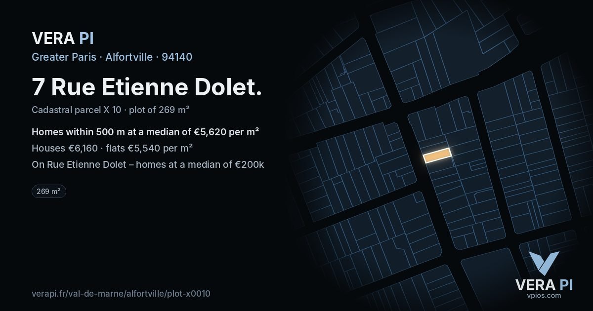 7 Rue Etienne Dolet, Alfortville at night – the plot lit, the parcels around coloured by the prices near them