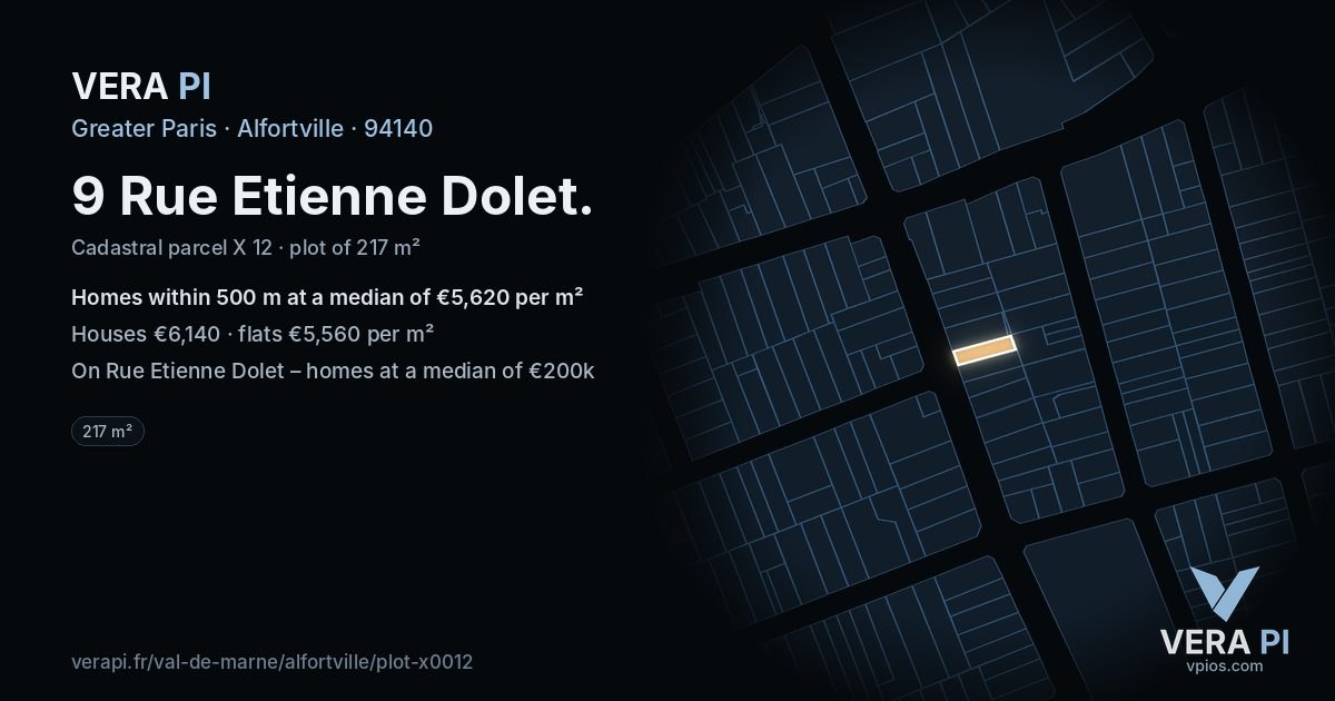 9 Rue Etienne Dolet, Alfortville at night – the plot lit, the parcels around coloured by the prices near them