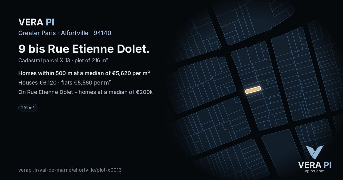 9 bis Rue Etienne Dolet, Alfortville at night – the plot lit, the parcels around coloured by the prices near them