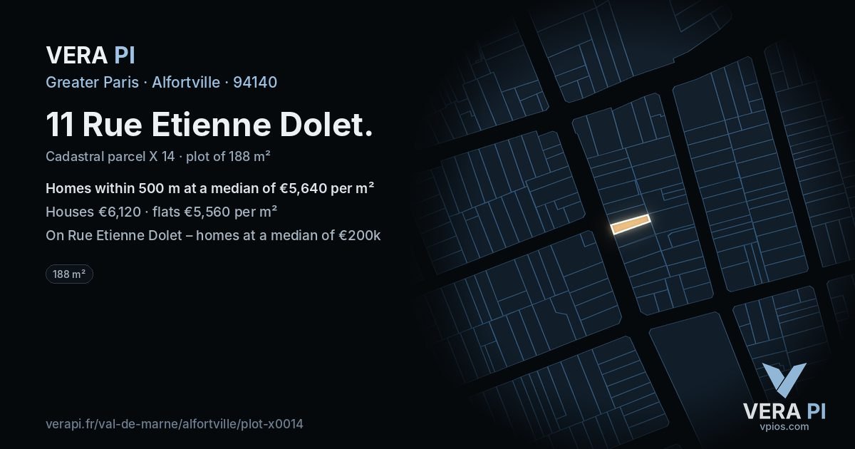 11 Rue Etienne Dolet, Alfortville at night – the plot lit, the parcels around coloured by the prices near them