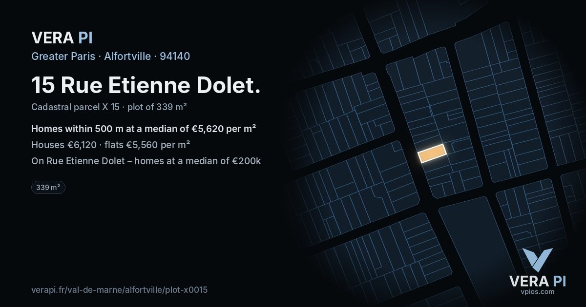 15 Rue Etienne Dolet, Alfortville at night – the plot lit, the parcels around coloured by the prices near them