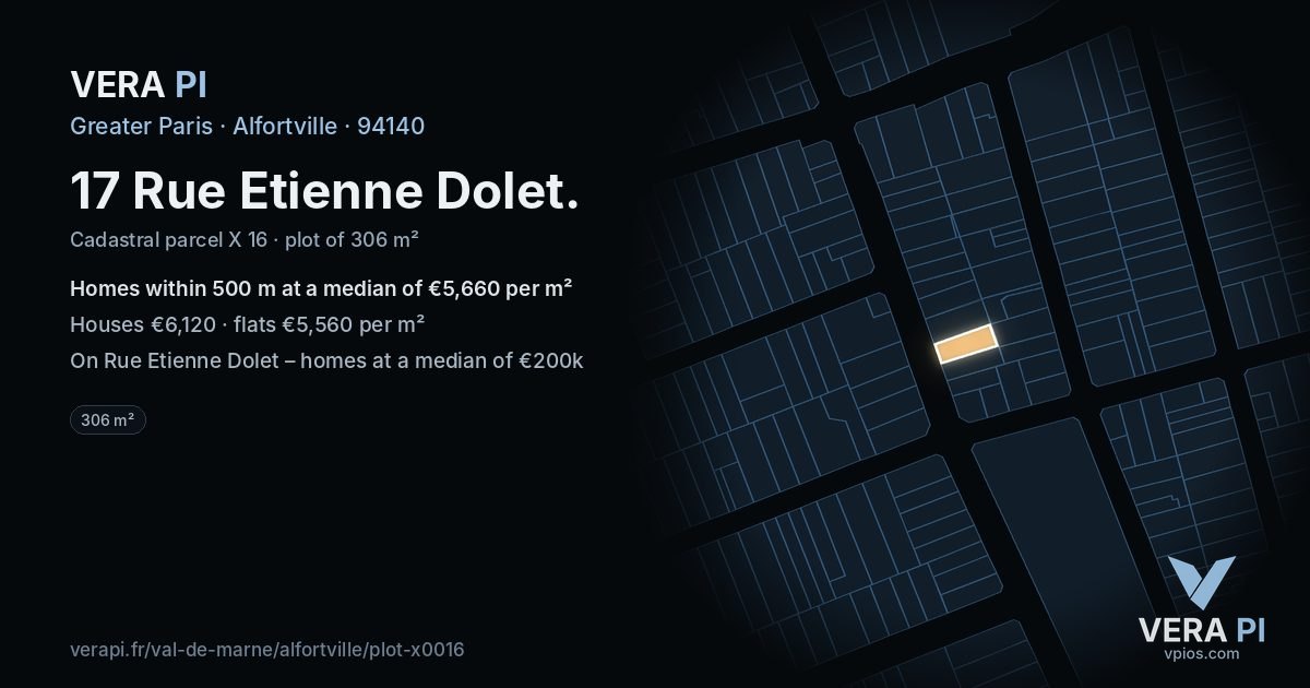 17 Rue Etienne Dolet, Alfortville at night – the plot lit, the parcels around coloured by the prices near them