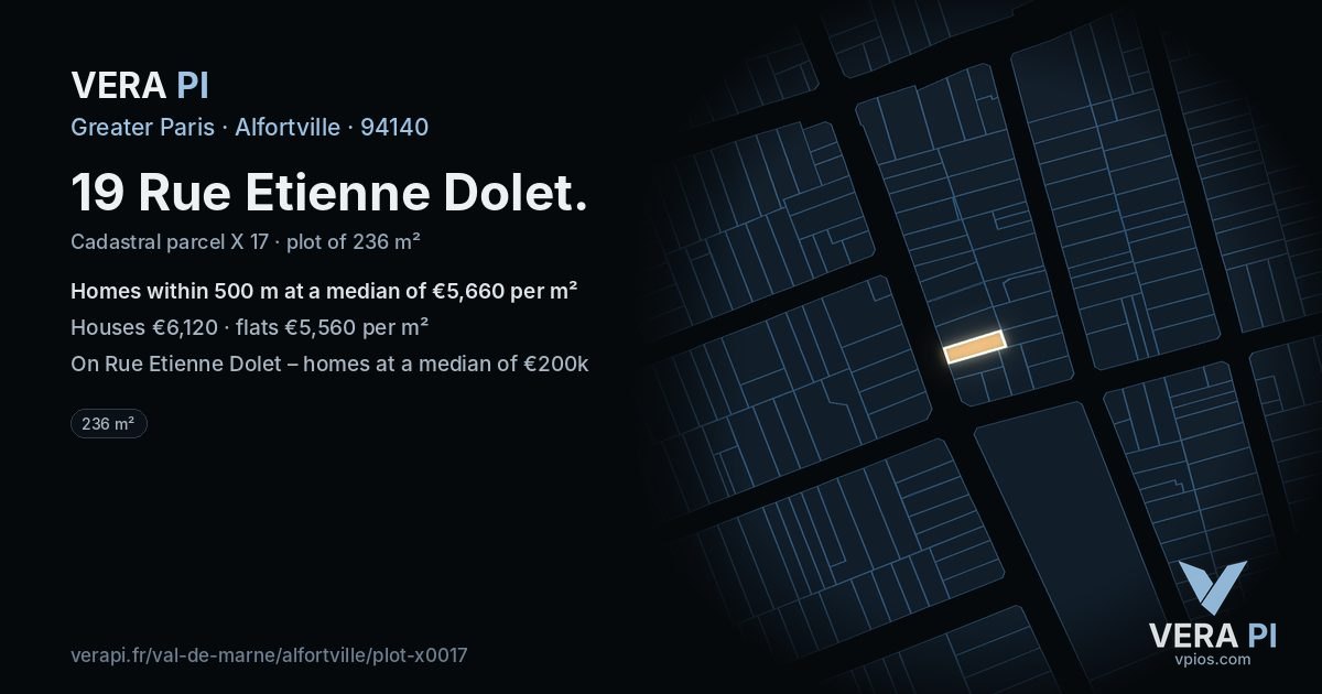 19 Rue Etienne Dolet, Alfortville at night – the plot lit, the parcels around coloured by the prices near them